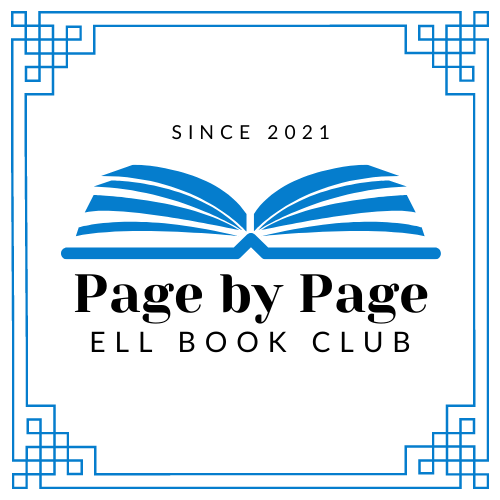 An open blue book in an ornate blue square with the text "Page by Page: ELL Book Club. Since 2021."