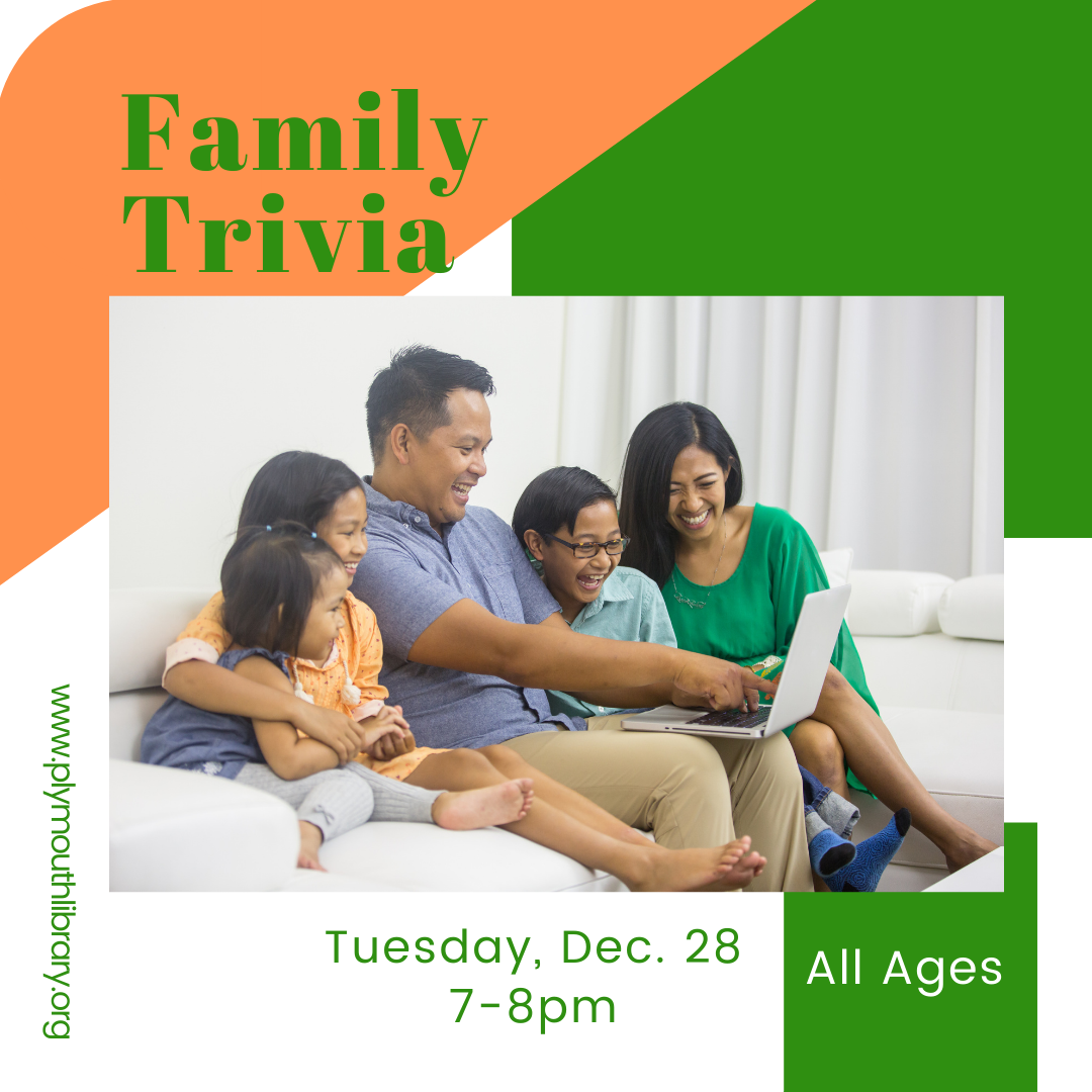 Family gathered around a computer. Text reads, Family Trivia, Tuesday, December 28, 7-8pm