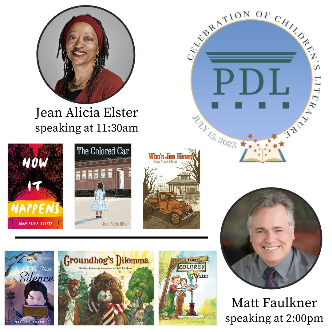 Author photos of Jean Alicia Elster and Matt Faulkner with titles of some of their books