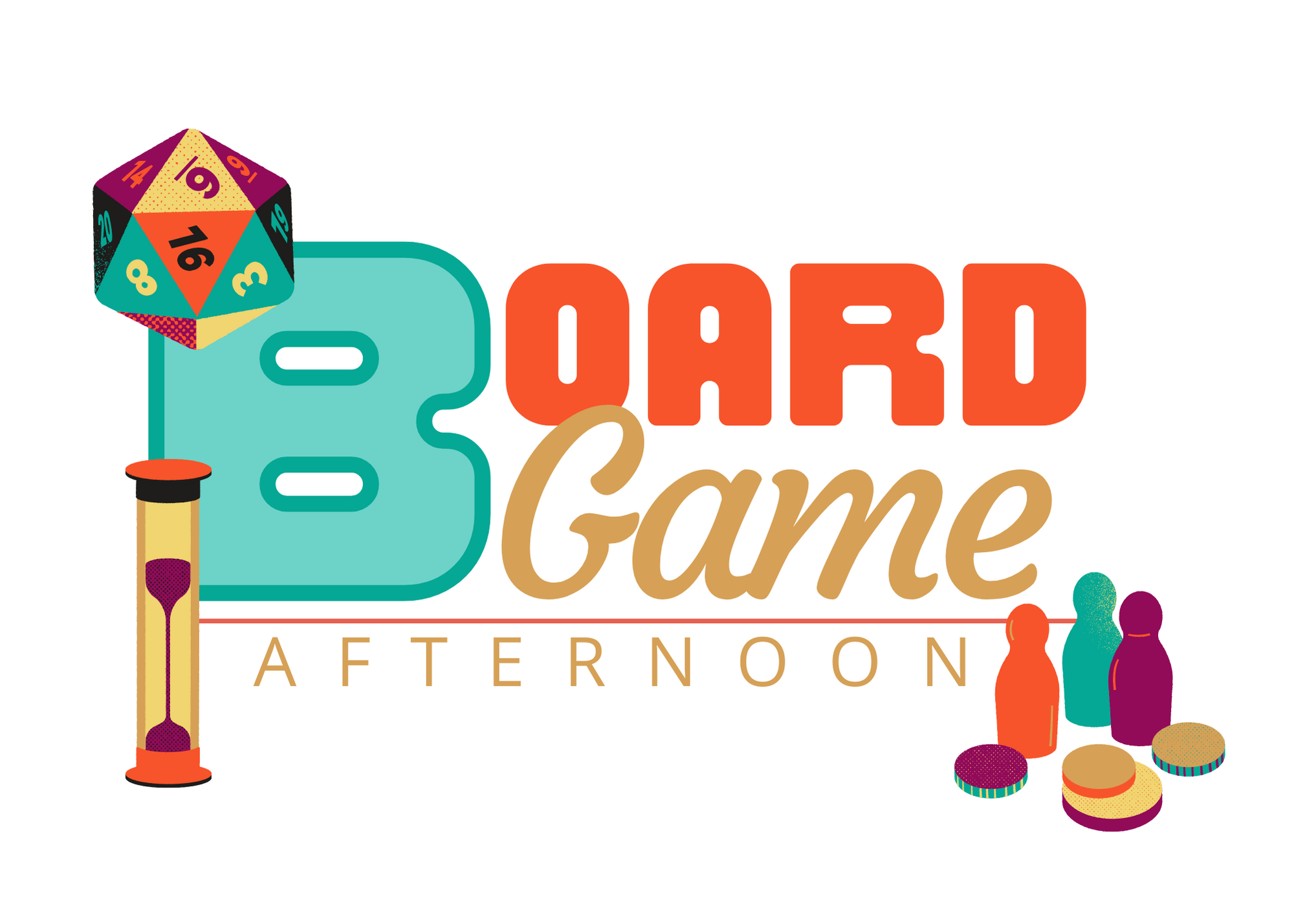 Text of image reads "Board Game Afternoon" with images of a 20-sided die, a sand timer, and game playing pieces
