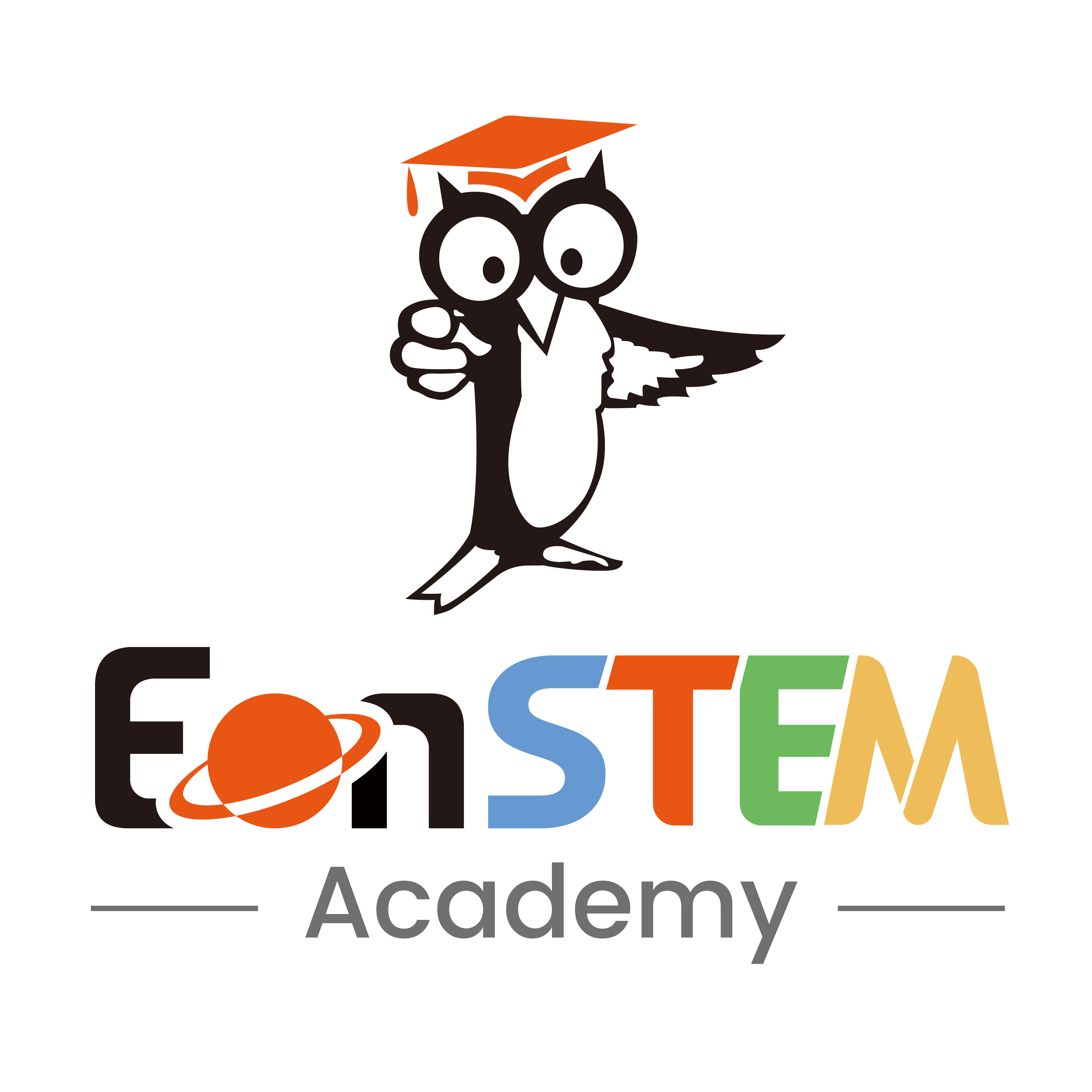 owl wearing a graduation cap with the EonSTEM academy logo underneath
