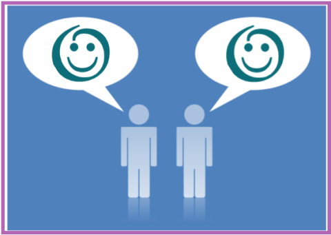 Two block people stand next to each other on a blue background, each with a speech bubble showing a stylized smiley face. 