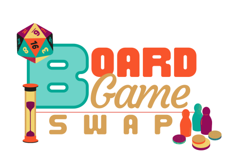 Text of image reads "Board Game Swap" with images of a 20-sided die and game pieces. 