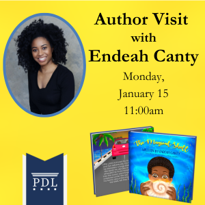 Author Visit with Endeah Canty, photo of author and her book, The Magic Shell