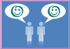 Two block people stand next to each other on a blue background, each with a speech bubble showing a stylized smiley face. 