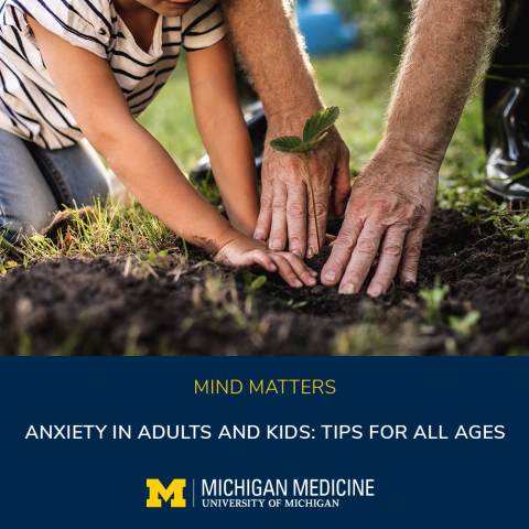 Girl and man planting with the University of Michigan Medicine logo and program description.