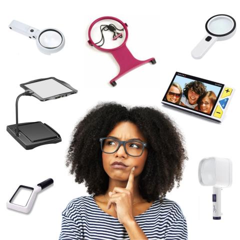 adult woman with a wondering look, surrounded by different magnifying tools