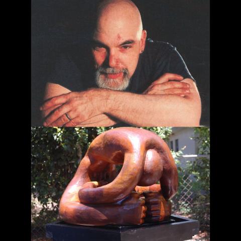 sculptor Steve Handshou and one of his sculptures