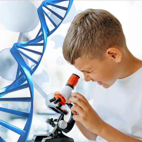 STEM Biology, boy looking through microscope