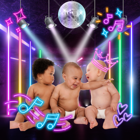 photo of a 3 childrens (one black and two lighter skin) infront of a neon background 