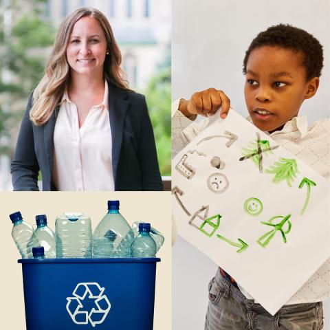 Natalie Jakub photo, blue recycling bin with water bottles, child holding painted diagram about the benefits of recycling