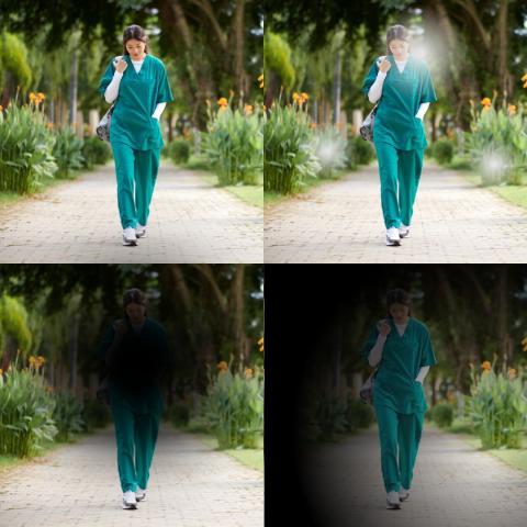 four images of a woman walking, each with different blurred spots to represent vision loss