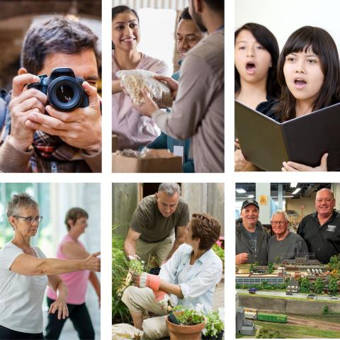adults engage in activities including photography, service, singing, tai chi, gardening, model trains