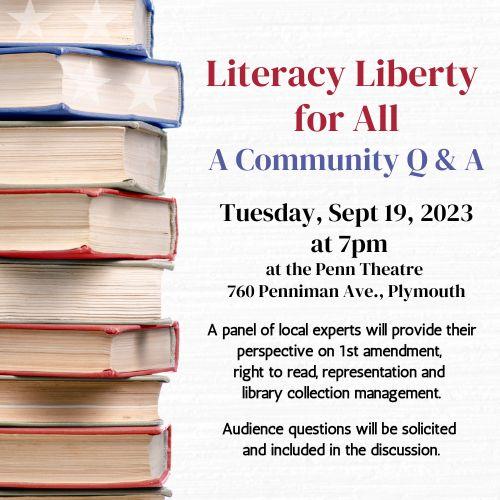 stack of red, white and blue books, "Literacy Liberty for All" and event details