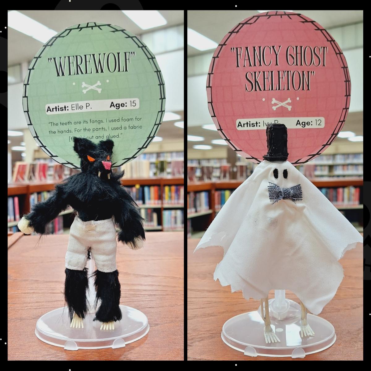 Two small skeleton figurines completed disguised as a werewolf and a ghost