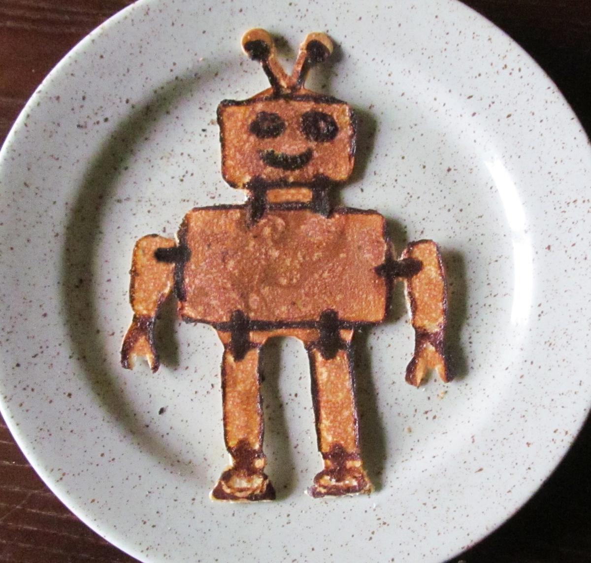 A pancake made to look like a robot