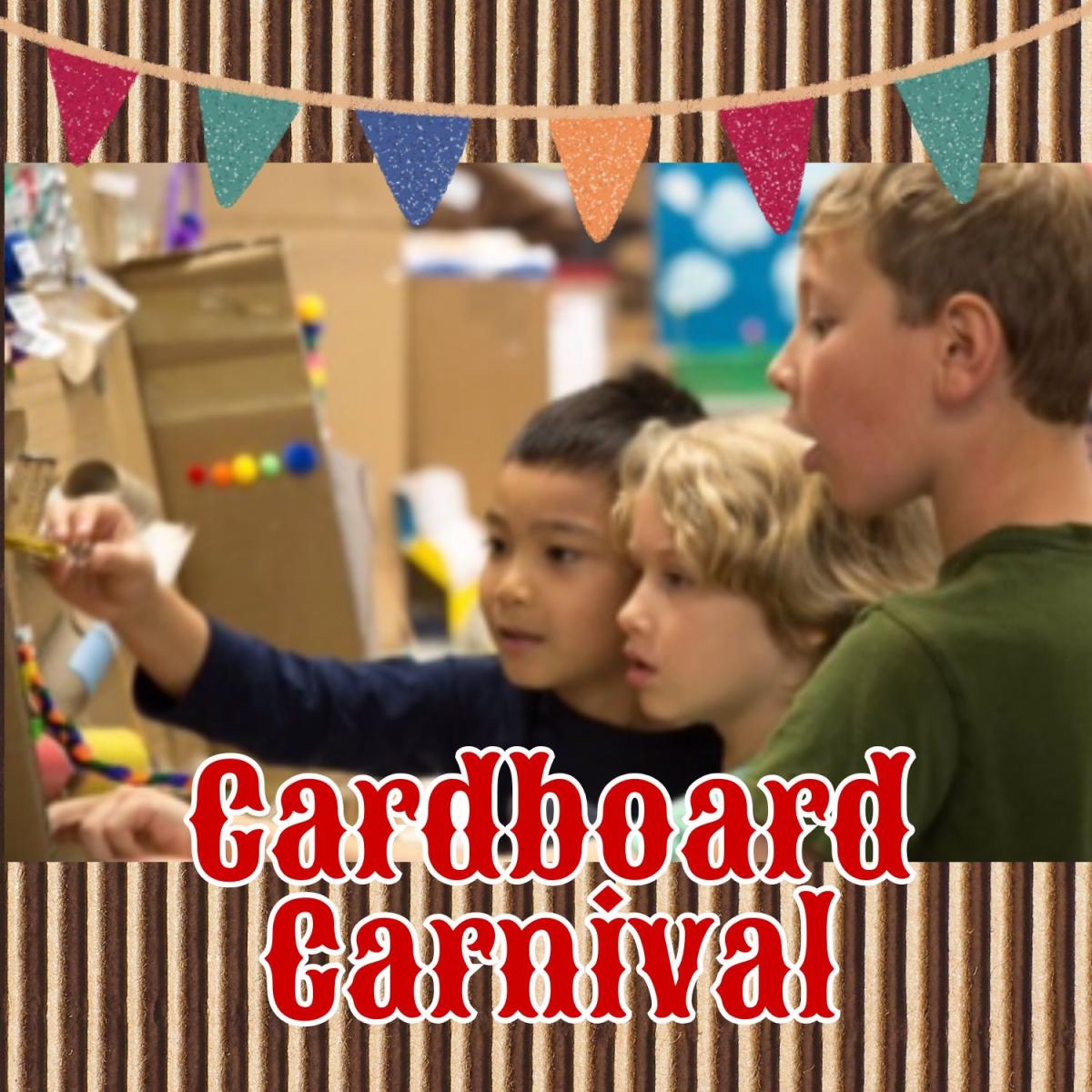 kids play cardboard game, penant flags and "cardboard carnival" on cardboard background