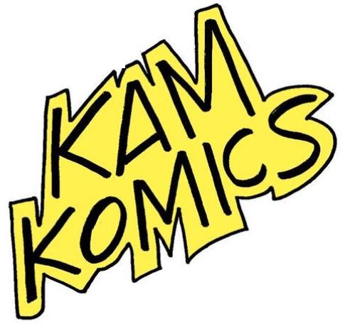 Kam Komics logo, "Kam Komics" in a comic book font over a yellow background 