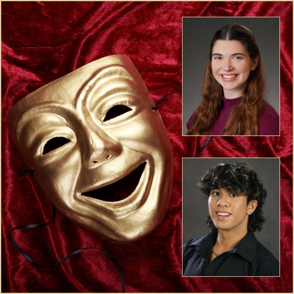 Melinda Carlisle and Seth Amoguis with comedy mask