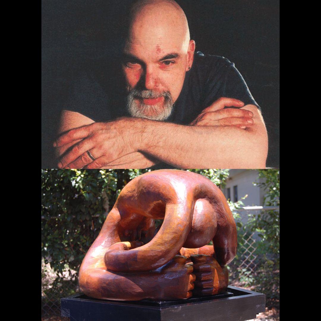 sculptor Steve Handshou and one of his sculptures