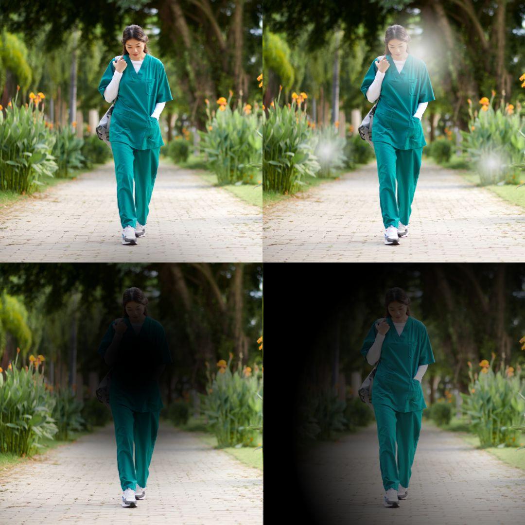 four images of a woman walking, each with different blurred spots to represent vision loss