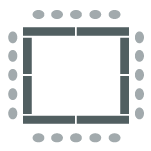 Tables in a square formation with seating on the outside of the square